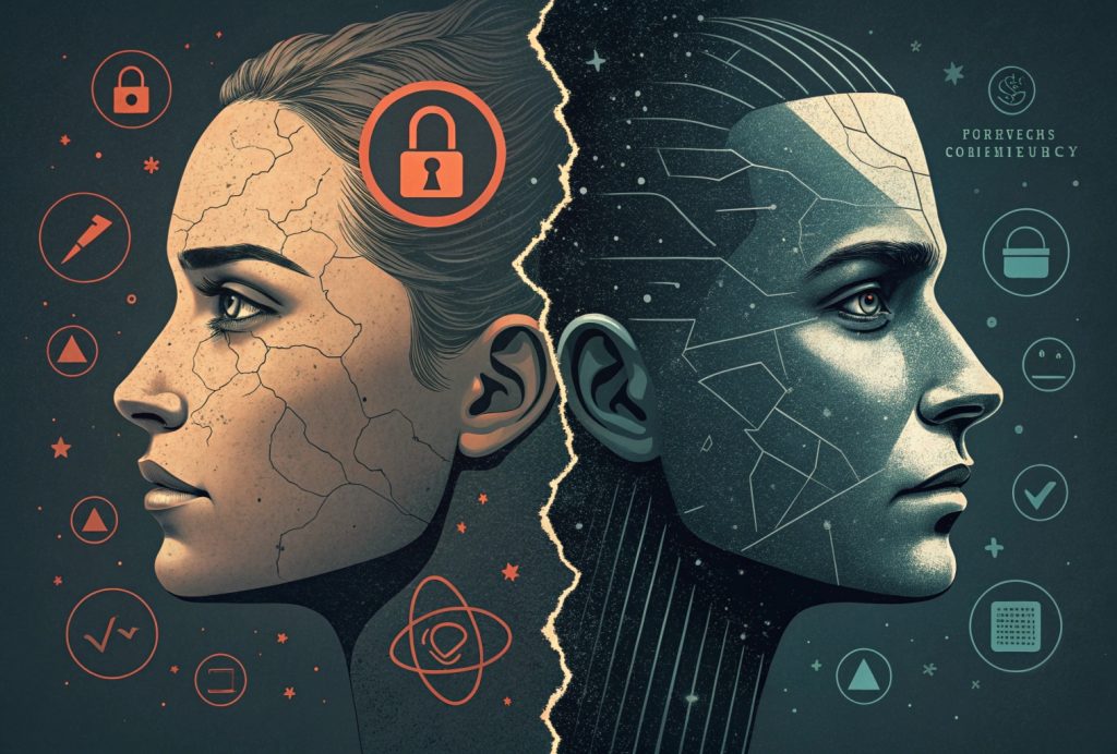 Conceptual illustration showing ethical challenges of generative AI, with a split human face representing deepfakes, broken copyright symbols for originality issues, distorted data for bias, and a cracked lock symbolizing data privacy risks.