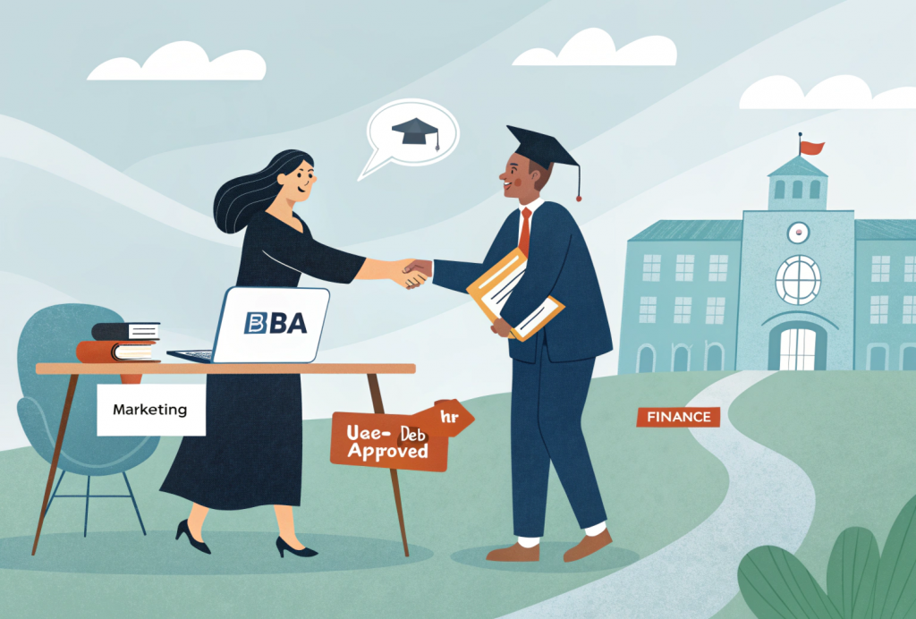 Equal job opportunities for online BBA degree and traditional graduates shown through a hiring scenario highlighting skills and qualifications