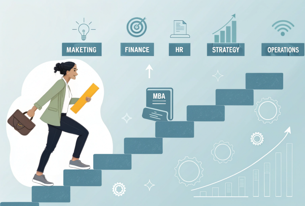 Benefits of MBA online without work experience, showing early career growth, foundational business skills, and confidence entering the job market.