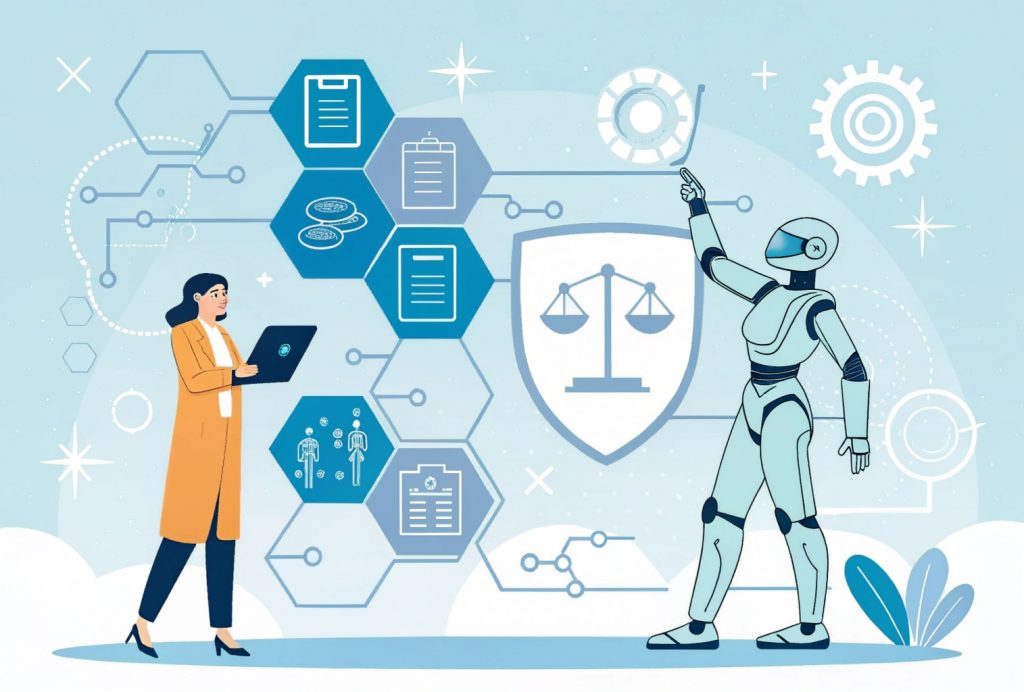 Futuristic illustration showing the future of generative AI with a human and AI co-creating on a digital canvas, no-code platforms in use, symbols of AI regulation, and integration with AR, VR, and smart IoT devices