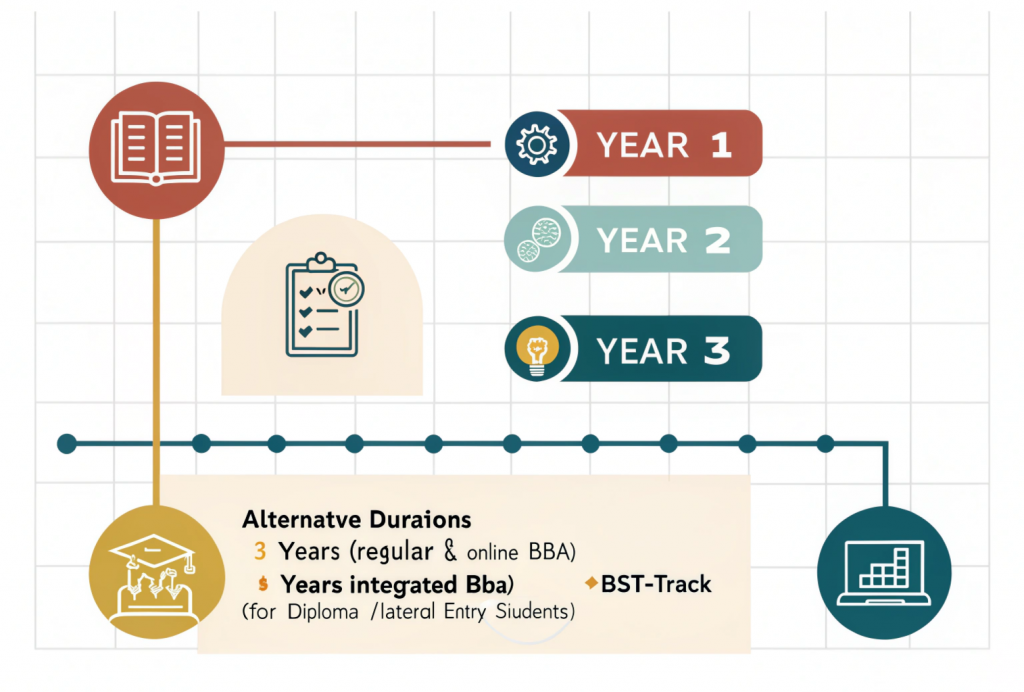 Timeline illustration of BBA course duration showing 3-year structure with subjects per year and variations like integrated and fast-track options.
