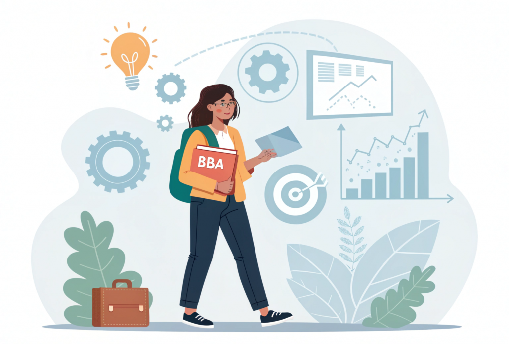 Illustration of a student exploring BBA course with icons of marketing, finance, HR, and entrepreneurship in the background, representing business education.