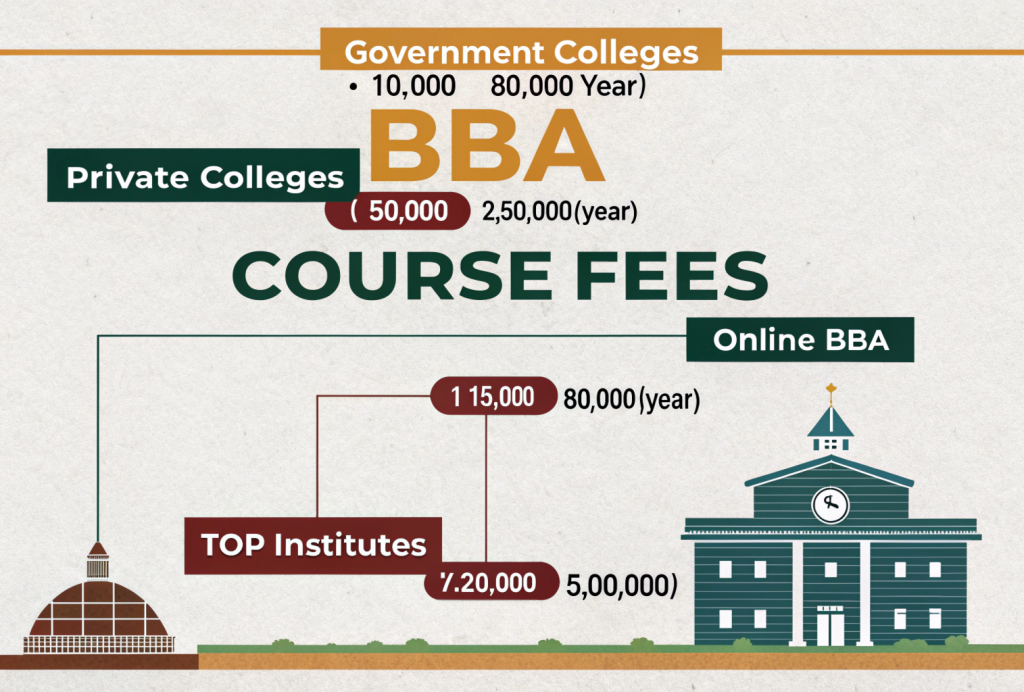 Infographic showing BBA course fee ranges in India across government, private, online, and top institutes with key cost factors and additional expenses.