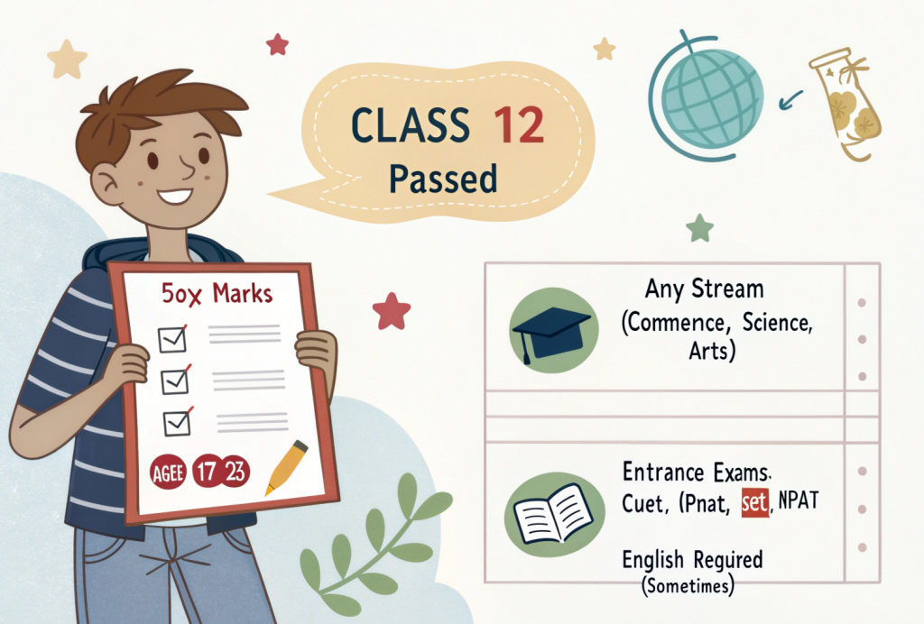 "Illustration showing BBA course eligibility checklist including Class 12 qualification, minimum marks, entrance exams, and age limit