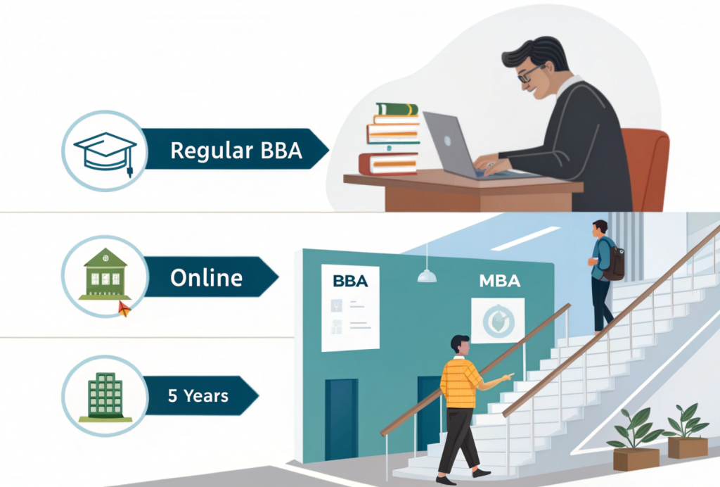 Illustration comparing types of BBA course in India—Regular, Online, and Integrated BBA-MBA—showing duration, mode, and ideal student profiles.