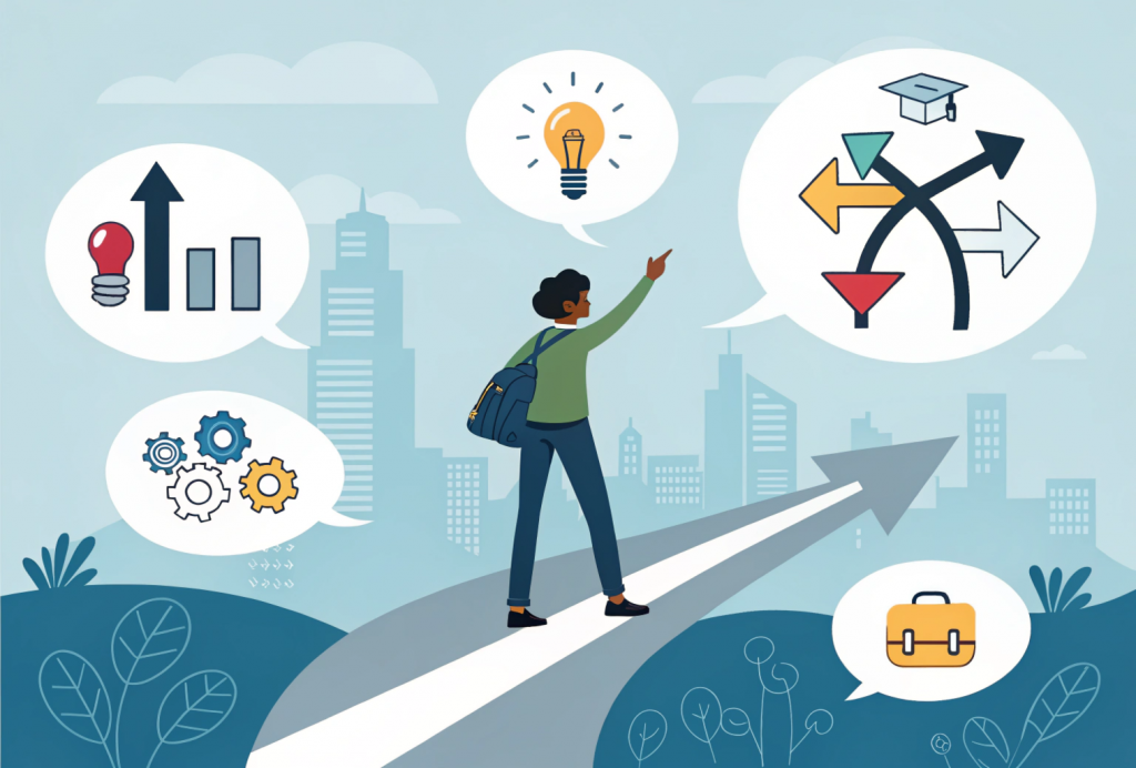 Student exploring career options after BBA course with icons of marketing, finance, HR, and business skills like leadership and communication.