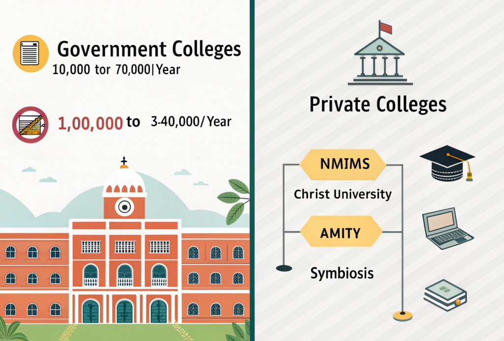 Infographic comparing average BBA course fees in India for government and private colleges with tuition ranges and popular university names.