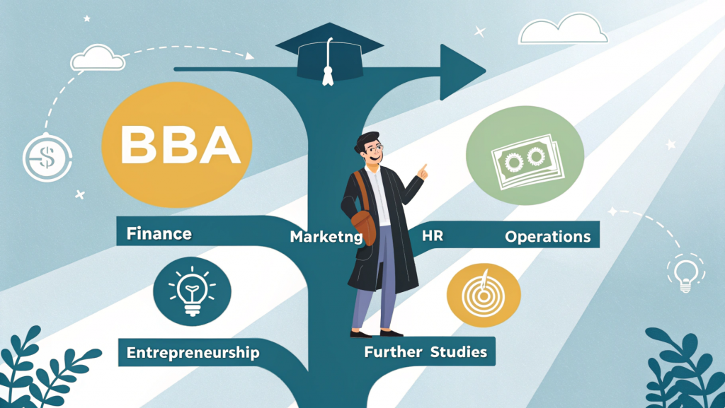 "Infographic illustrating Job Opportunities After BBA with multiple career paths, skills development, and future planning for BBA graduates."