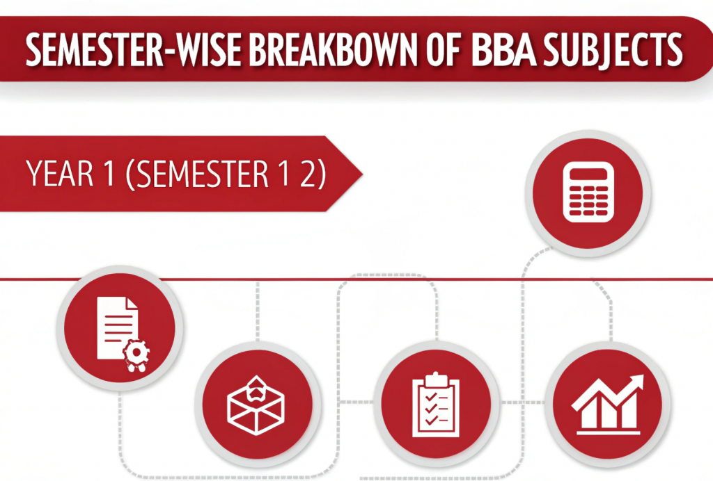 Semester-wise breakdown of BBA subjects showing 3-year syllabus with foundation courses, functional learning, and specialisation topics in infographic format