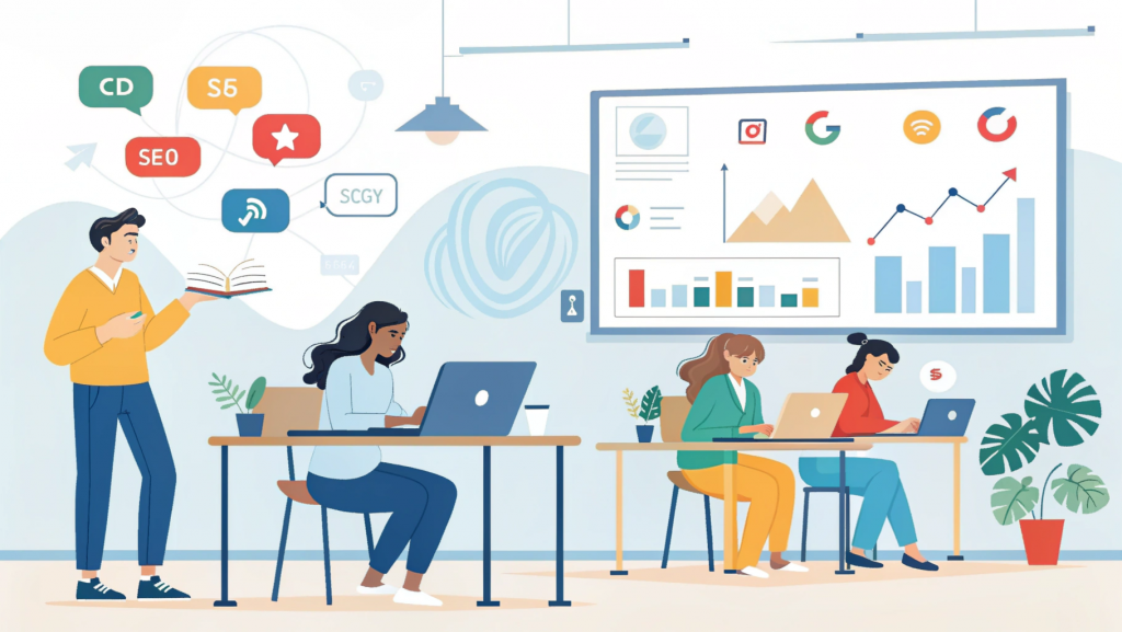 Students learning BBA in Digital Marketing with practical training on social media, SEO, and online business growth in a modern classroom setup