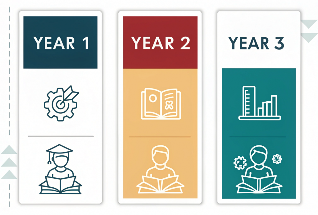 Minimal infographic illustrating semester-wise breakdown of BBA course duration in India — Year 1 foundation subjects, Year 2 specialized subjects, and Year 3 advanced subjects with internships.