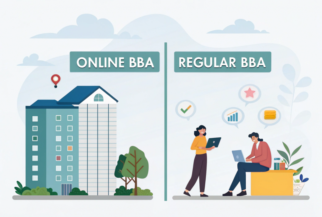 Infographic comparing online vs regular BBA course fees in India with details on average tuition, total cost, features, and popular universities