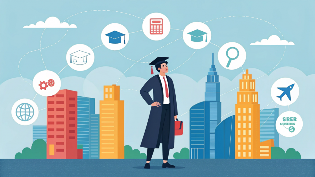 "Illustration showing Job Opportunities After BBA in the private sector, including roles in marketing, finance, HR, operations, and sales for fresh graduates."