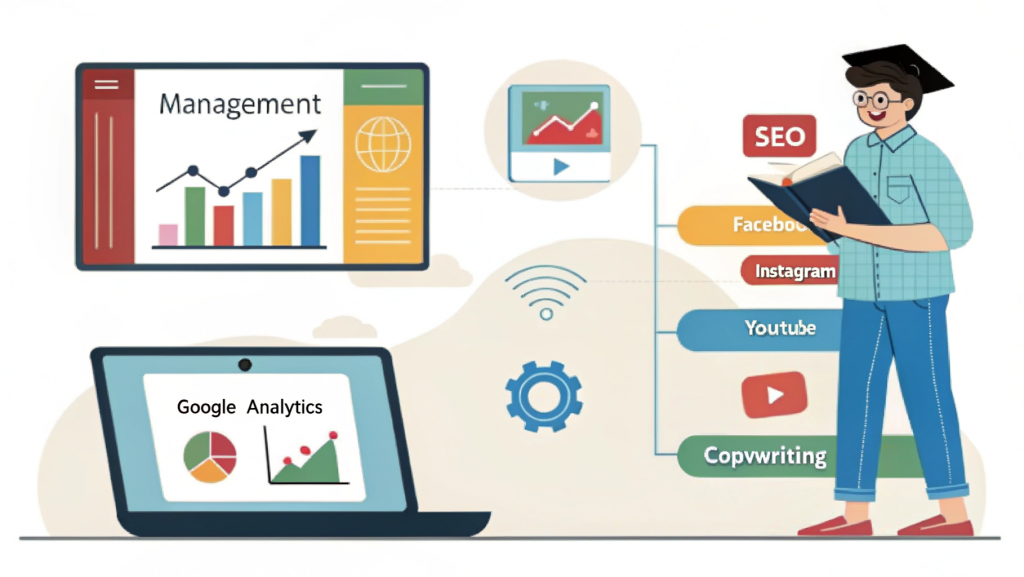 Key subjects and syllabus of BBA in Digital Marketing including SEO, social media, content creation, web analytics, and e-commerce