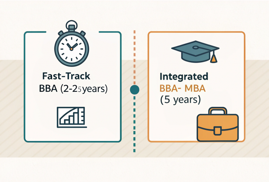 Minimal infographic showing alternative BBA course duration options in India — Fast-Track BBA in 2–2.5 years and Integrated BBA+MBA in 5 years, with icons for speed and advanced study.