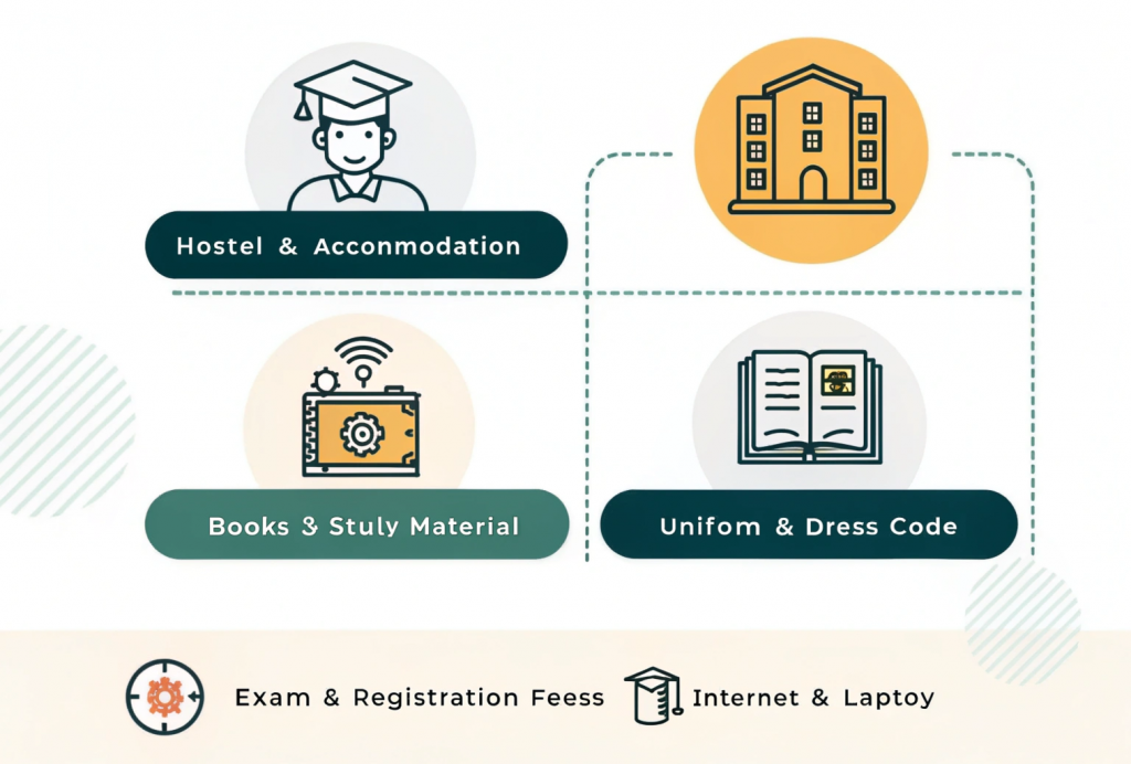 Visual breakdown of additional BBA costs including hostel fees, books, uniforms, exam fees, laptop, and internet expenses. Icons represent each category with estimated cost ranges, helping students plan beyond tuition.