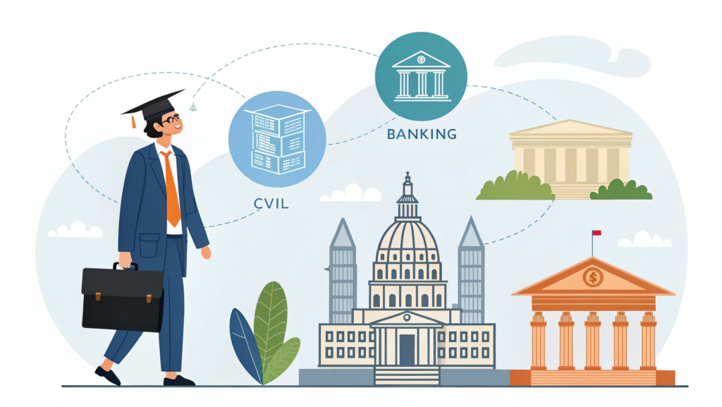 "Illustration showcasing Job Opportunities After BBA in government sectors, including banking, civil services, defense, railways, and public sector units."