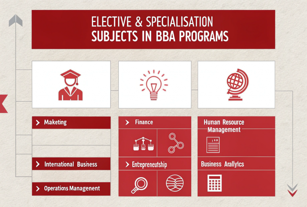 Elective and specialisation subjects in BBA programs infographic showing areas like marketing, finance, HR, international business, entrepreneurship, business analytics, and operations management with example courses