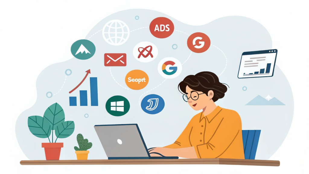 Digital marketing tools taught in BBA in Digital Marketing including Google Analytics, SEO tools, social media platforms, email marketing, Canva, Shopify, and HubSpot