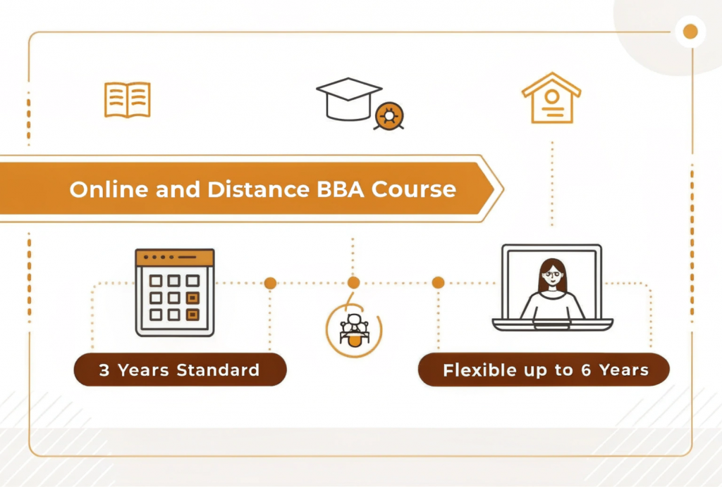 Minimal infographic showing online and distance BBA course duration in India — 3 years standard, flexible up to 5–6 years, with icons for online learning, flexibility, and remote study.