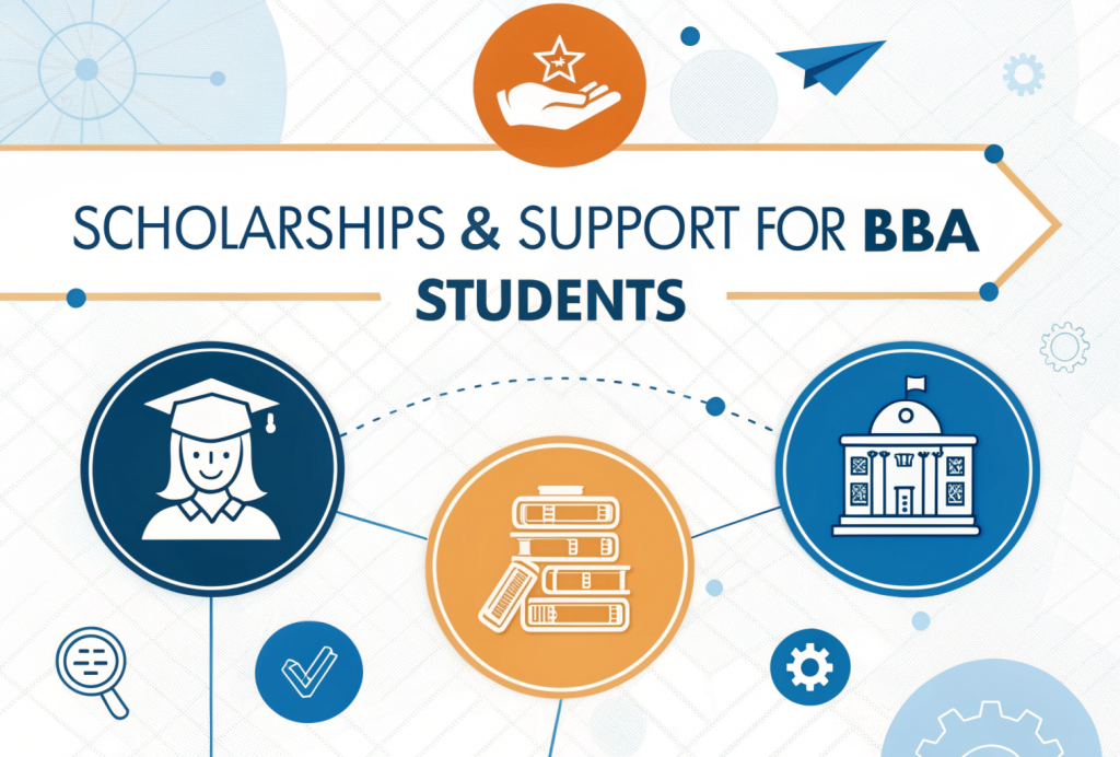 Infographic showing scholarship options and government support for BBA students in India, including college-based aid, central and state government schemes, girl scholarships, and private NGO support.