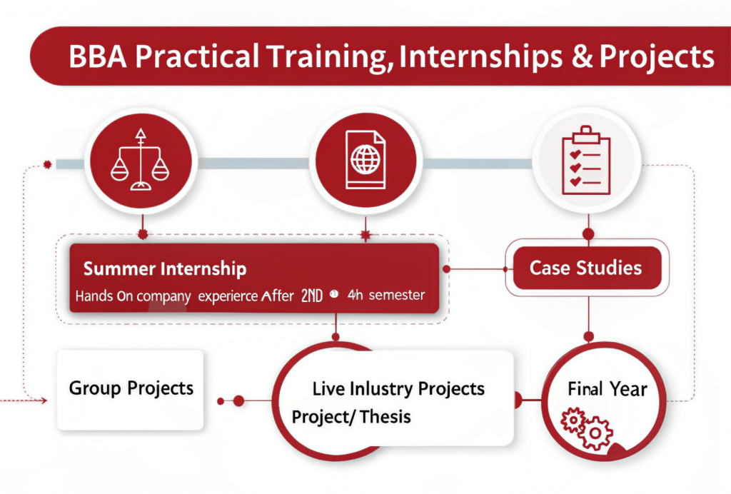 BBA practical training infographic showing internships, case studies, group projects, live industry projects, and final year thesis with icons and descriptions