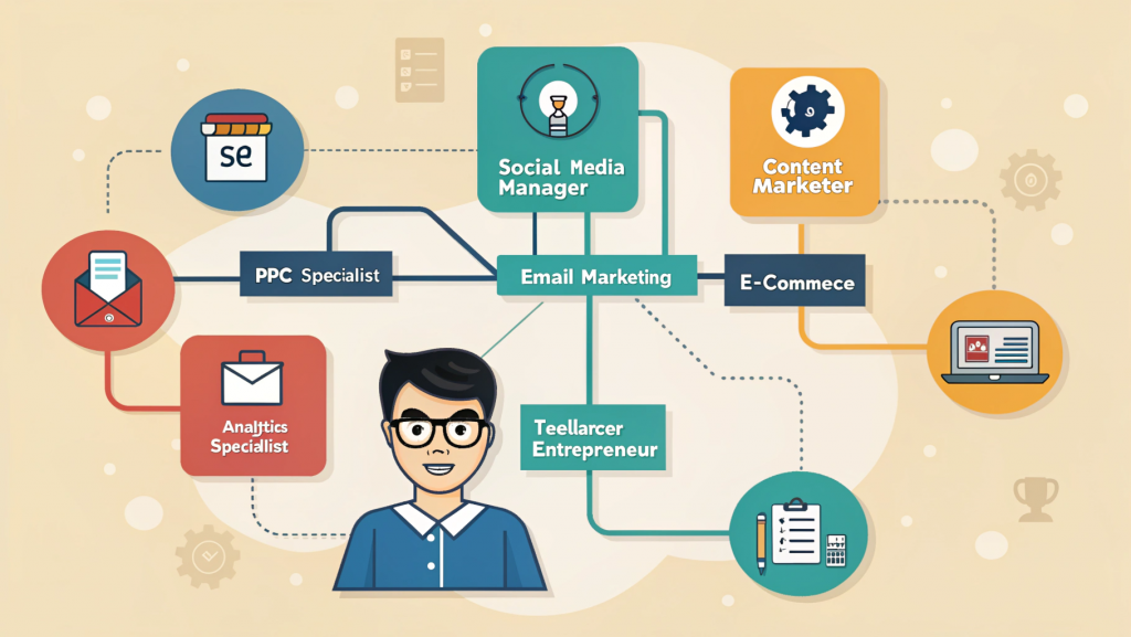 Career opportunities after BBA in Digital Marketing including SEO specialist, social media manager, content marketer, PPC expert, email marketing, e-commerce, analytics, and freelancing roles