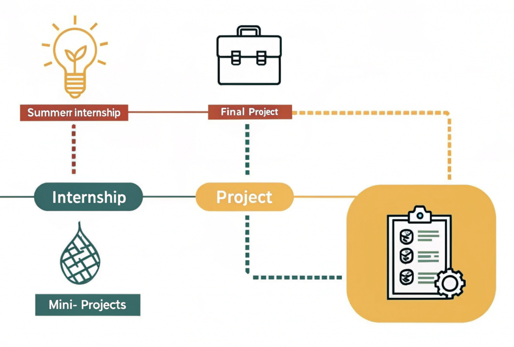Minimal infographic showing internship and project timeline in a BBA course — summer internships after Year 1 or 2, a final-year project in Semester 6, and mini-projects throughout the program.
