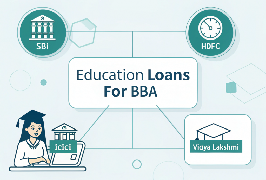 Visual infographic representing education loans for BBA students in India, using icons for tuition, hostel, documents, repayment, and banks like SBI and HDFC.