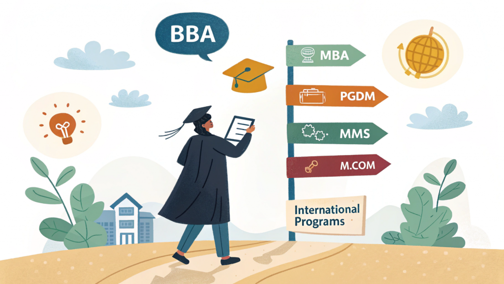 "Illustration showing Job Opportunities After BBA through top PG courses like MBA, PGDM, MMS, M.Com, and international management programs."