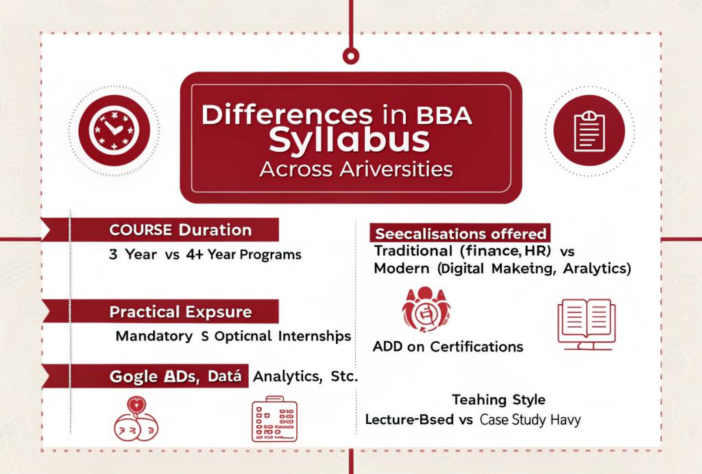 Differences in BBA syllabus across universities infographic comparing course duration, specialisations, practical exposure, add-on certifications, and teaching style