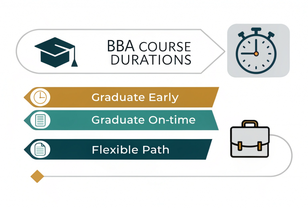Minimal infographic showing how BBA course duration impacts career planning — standard 3-year, fast-track early graduation, and flexible online/distance timelines with icons for jobs, higher studies, and time.