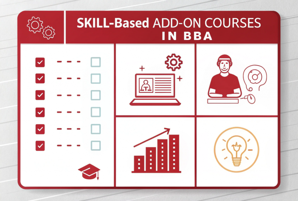 Skill-based add-on courses in BBA infographic showing digital skills, data and tech, finance skills, soft skills, and entrepreneurship with example courses