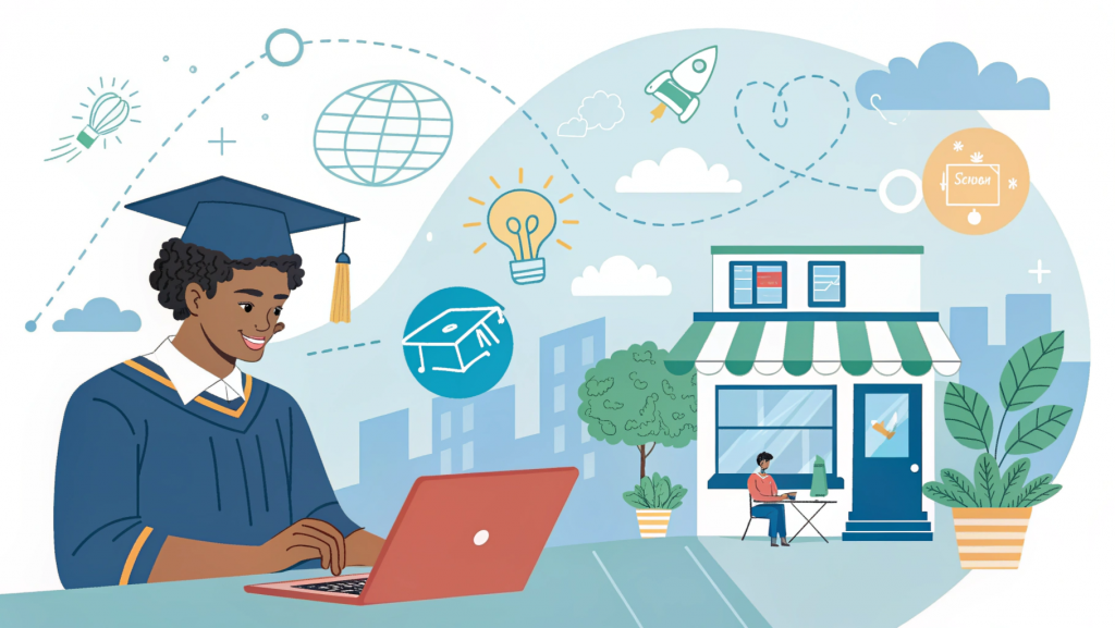 "Illustration depicting Job Opportunities After BBA in entrepreneurship, including startups, retail businesses, consulting, and family business ventures."