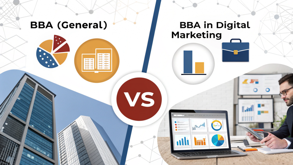 Comparison of BBA General vs BBA in Digital Marketing showing difference between traditional business subjects and specialized digital marketing skills