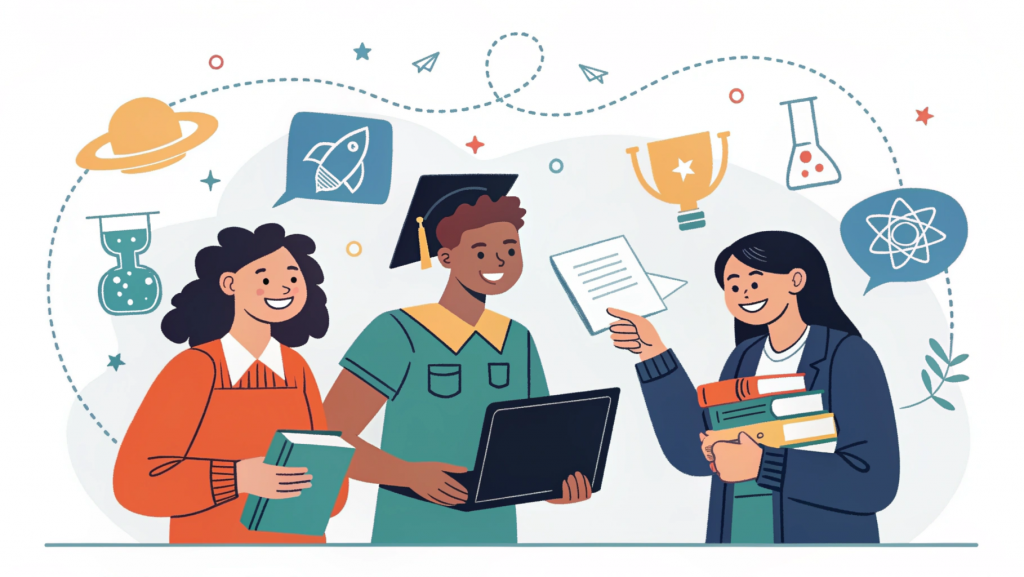 Illustration of students with books and certificates representing Class 12 completion, highlighting BBA eligibility for different streams.