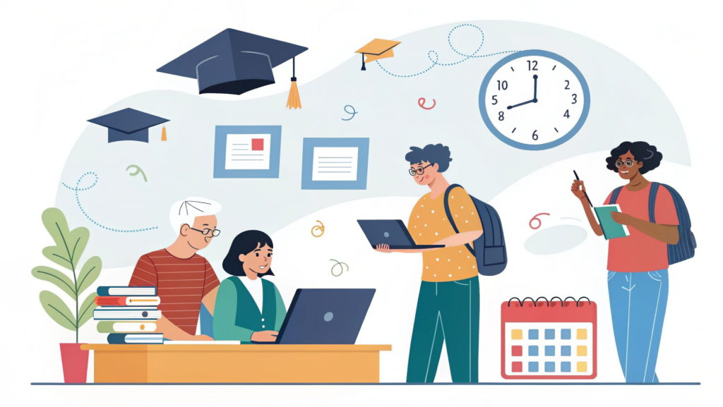 Illustration of students of different ages exploring BBA programs, highlighting age flexibility and BBA eligibility.