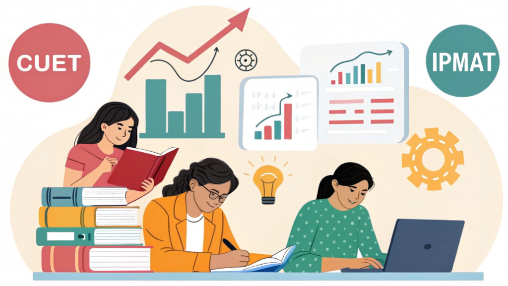 Illustration of students preparing for BBA entrance exams like CUET and IPMAT, highlighting the skills tested for BBA eligibility.