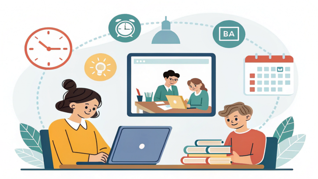 Illustration of students attending an online BBA program, highlighting flexible study options and simple BBA eligibility requirements.