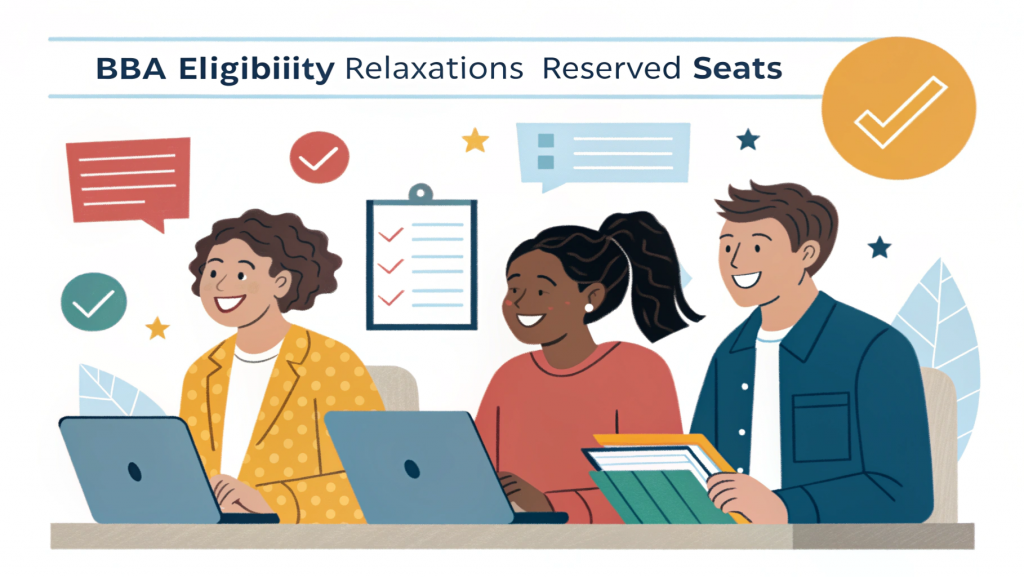 Illustration of students from reserved categories applying for BBA programs, highlighting eligibility relaxations and reserved seats for BBA eligibility.