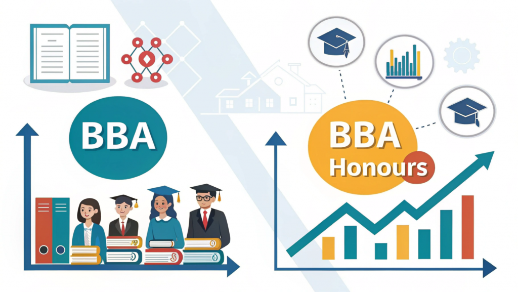 Illustration comparing BBA and BBA Honours showing differences in course depth, specialisations, internships and career opportunities for students.