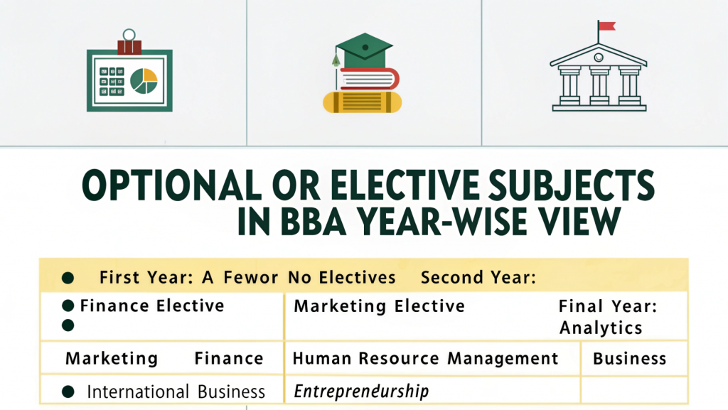 Optional or elective subjects in BBA explained year-wise including finance, marketing, HR, analytics, international business, and entrepreneurship – How Many Subjects in BBA Course.