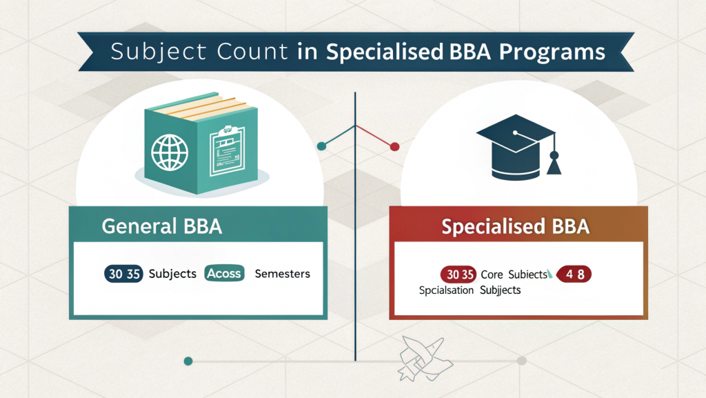 Comparison of General BBA with 30–35 subjects and Specialised BBA with 30–35 core subjects plus 4–8 additional specialisation subjects – How Many Subjects in BBA Course.