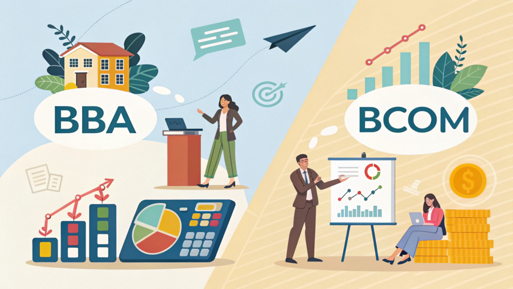 Comparison of BBA vs BCom showing BBA focused on business management and leadership and BCom focused on finance accounting and commerce