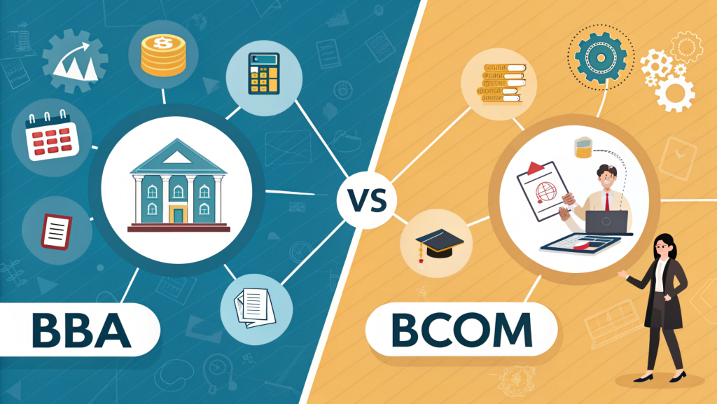 Infographic showing subjects taught in BBA vs BCom including management marketing and entrepreneurship for BBA and accounting finance and taxation for BCom