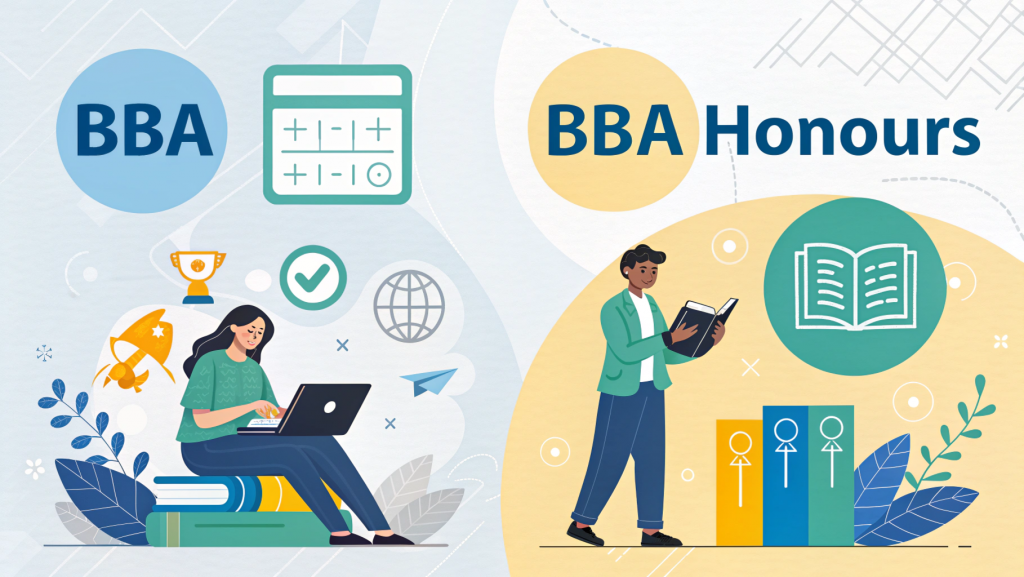 Infographic-style illustration comparing the subjects and syllabus of BBA and BBA Honours for each semester from 1st to 6th, showing core management topics and specialisations.