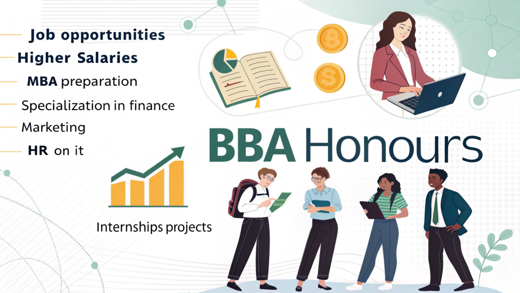 Illustration showing the career benefits of BBA Honours including better job opportunities, higher salary potential, MBA preparation, specialisation advantages, and practical experience through internships and projects.