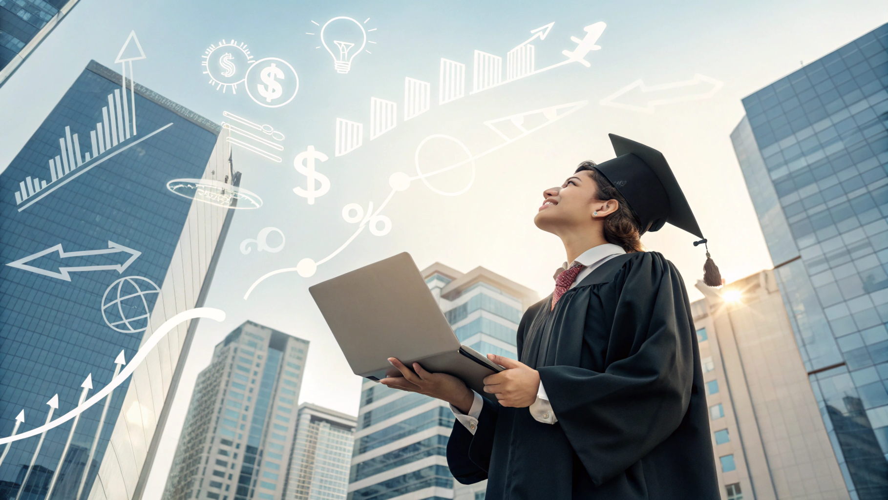 BCom Honours graduate exploring career opportunities in finance, accounting, and management with symbols of growth and success in the background.