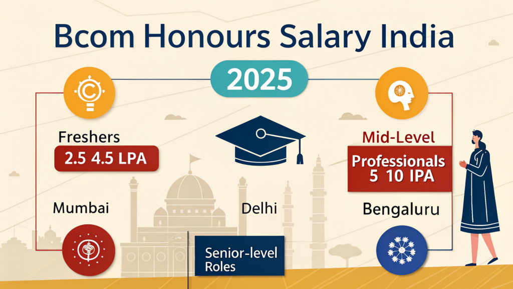 Average BCom Honours salary in India 2025 with salary ranges for freshers, mid-level, and senior professionals in top cities like Mumbai Delhi and Bengaluru.