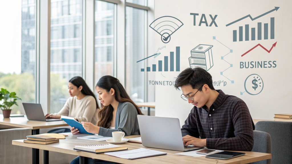 Professional illustration of students learning accounting, finance, taxation, and business management as part of a BCom Honours course.